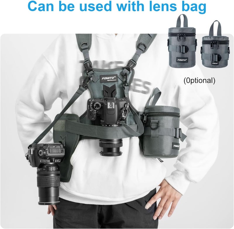 FOMITO Dual Camera Harness, Multi Carrying Radio Chest Vest System with Side Holster for Canon 6D 600D 5D2 5D3 for Nikon D90 for Sony A7S for Panasonic for Olympus DSLR Cameras Climbing Wedding Travel - Image 3